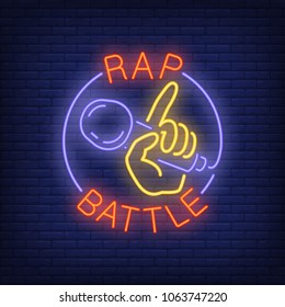 Rap battle neon text and hand holding microphone. Neon sign, night bright advertisement, colorful signboard, light banner. Vector illustration in neon style.