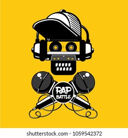 Rap battle sign with skull and two microphones. Retro style illustration. Hip-hop party.