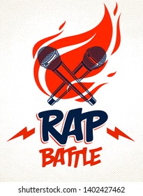 Rap Battle vector logo or emblem with two microphones crossed and fire, Hip Hop hot rhymes music mic in a flames, concert festival or night club label, t-shirt print.