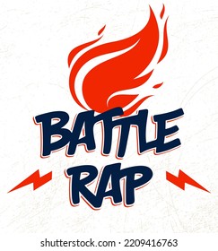 Rap Battle vector logo or emblem with flames of fire burning and lightning bolts, Hip Hop hot rhymes music, concert festival or night club label, t-shirt print.