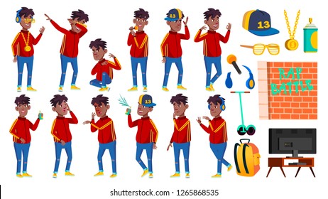 Rap Bottle Singer Boy Schoolboy Poses Set Vector. Black. Afro American. Child Pupil. Active, Joy, Leisure. For Advertisement, Greeting, Announcement Design. Isolated Cartoon Illustration