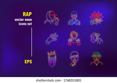 Rap collection in neon style. Cap, singer and battle. Vector illustrations for luminous banners. Entertainment and music concept