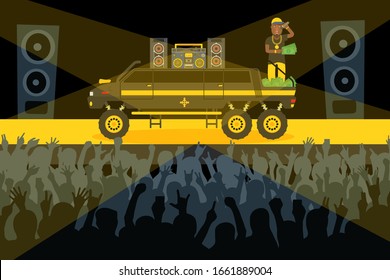 Rap concert performance, limousin on stage, man cartoon character, vector illustration. Crowd in nightclub, silhouettes of cheering people. Festival party modern music celebrity, car with loudspeakers