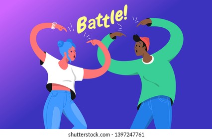 Rap or dance battle concept vector illustration of two young teenagers standing together and gesturing hands up. Emotional gradient design of modern teens lifestyle