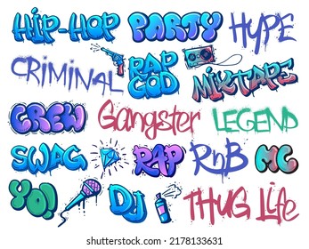 Rap graffiti. Hip-hop legend, RnB party and gangster crew street art calligraphy tags with grunge paint texture vector set. Colorful lettering or urban freestyle writing isolated on white