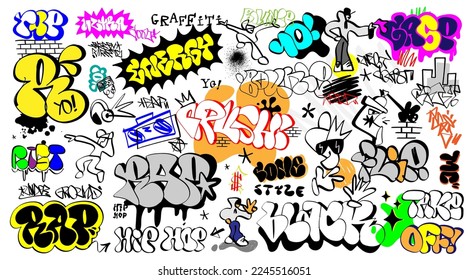 
rap graffiti lettering  doodles vector background ,isolated design element