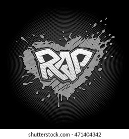 Rap graffiti logo on a grunge splash in the form of heart. Connected weaving letters of single stripe with a halftone dots. Cool expressive emblem of love to the Hip Hop music style. Black background.