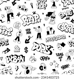  rap graffiti street style seamless vector background hand drawn characters and lettering