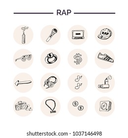 RAP hand drawn doodle set. Sketches. Vector illustration for design and packages product. Symbol collection.
