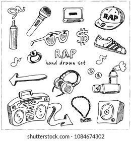 RAP hand drawn doodle set. Sketches. Vector illustration for design and packages product. Symbol collection.