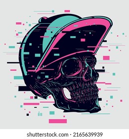 Rap head. Glitch style vector illustration. Hip-Hop music emblem. Virtual avatar print.