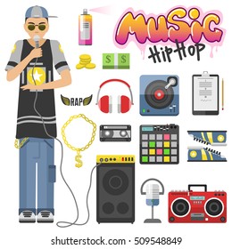 Rap hip hop singing breakdance music icons set isolated vector illustration