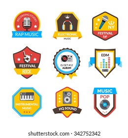 Rap hip-hop rock and other music styles label set isolated vector illustration