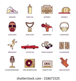 Rap hip-hop singing breakdance music flat line icons set isolated vector illustration