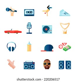 Rap hip-hop singing music flat icons set isolated vector illustration