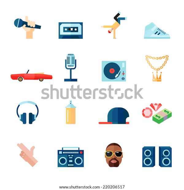 Rap hip-hop singing music flat icons set\
isolated vector\
illustration