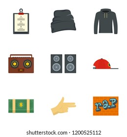 Rap icon set. Flat set of 9 rap vector icons for web design