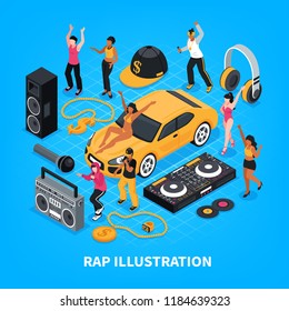 Rap isometric vector illustration with singers performers sound amplifier headphones radio tape recorder decorative signs 