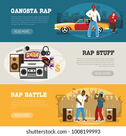 Rap music 3 flat horizontal banners webpage design with freestyle singers battle and retro accessories vector illustration 