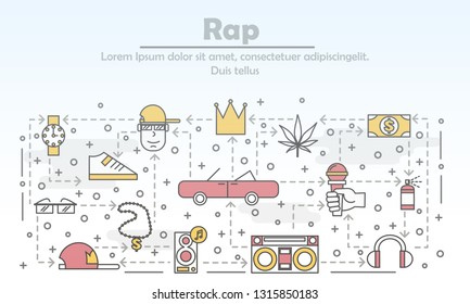 Rap music advertising vector poster banner template. Hip hop music singer with accessories chain glasses watch cap retro car loudspeakers mic etc. Thin line art flat icons for web, printed materials.