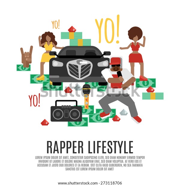 Rap music concept with rapper\
lifestyle accessories flat icons set vector\
illustration