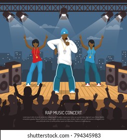 Rap music concert with singer and 2 ladies onstage performance under beam lights flat poster vector illustration 