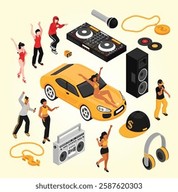 Rap music culture symbols isometric set with singers performers retro accessories so as cassette player isolated