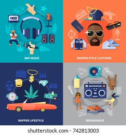 Rap Music Flat Concept With Clothing Of Rapper And Lifestyle, Breakdance Isolated On Color Background Vector Illustration 