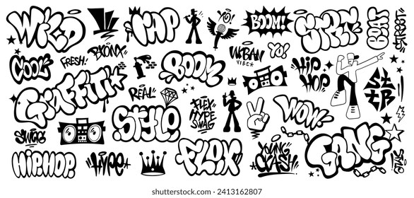 rap music graffiti hip hop culture symbols icon set , vector design element