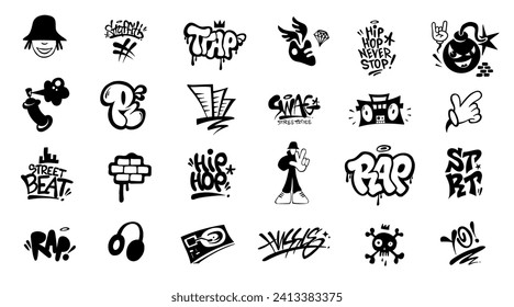 
 graffiti de música rap símbolos de cultura hip hop conjunto de símbolos , elemento de diseño vectorial