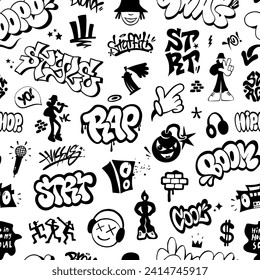  Rap music graffiti hip hop style - seamless pattern , vector design element