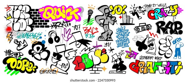 
música rap, conjunto de doodles de arte callejero de graffiti, elemento de diseño vectorial