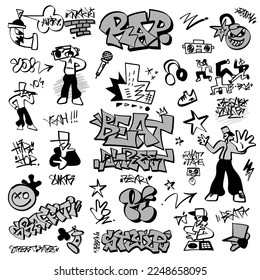 rap music, graffiti street style doodle set, vector cartoons design element

