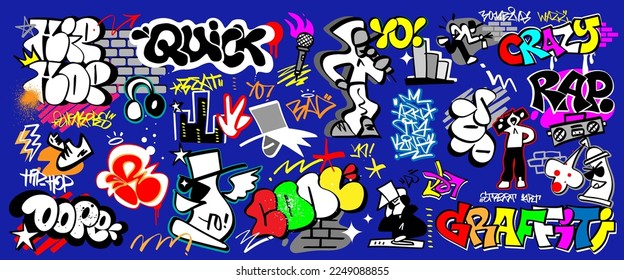 Rap-Musik, Graffiti Street-Dodle-Set, Vektorgrafik-Design-Element
