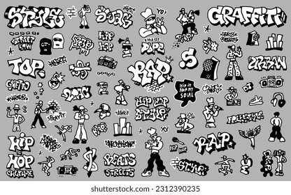 rap music graffiti street style vector doodles background , hand drawn isolated design elements