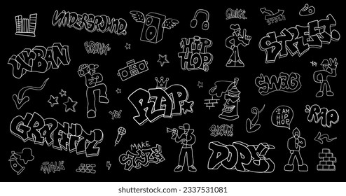 
grafitis de música rap estilo doodles personajes y letras , diseño vectorial fondo