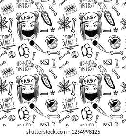 Rap Music. Hip hop doodle pattern with rap attributes