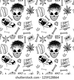 Rap Music. Hip hop doodle pattern with rap attributes