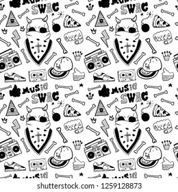 Rap Music. Hip hop doodle pattern with rap attributes