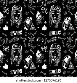 Rap Music. Hip hop doodle pattern with rap attributes