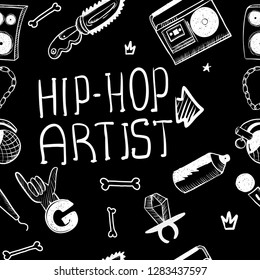 Rap Music. Hip hop doodle pattern with rap attributes