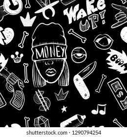 Rap Music. Hip hop doodle pattern with rap attributes
