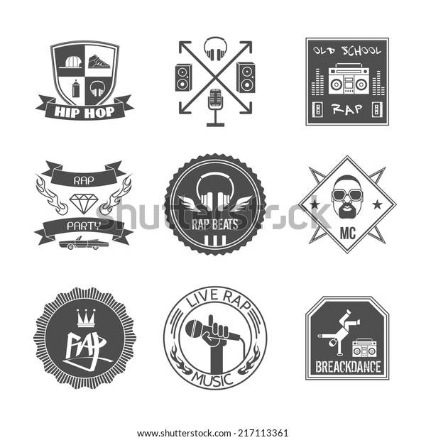 Rap music hip hop party beats label set\
isolated vector\
illustration