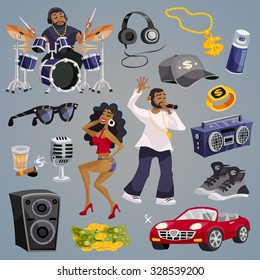 Rap music and hip-hop style elements set isolated vector illustration