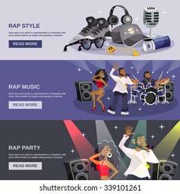 Rap music horizontal banner set with hip-hop style party elements isolated vector illustration