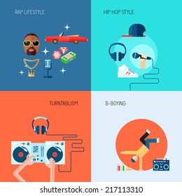 Rap music lifestyle turntablism b-boying icons flat set isolated vector illustration