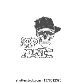 Rap music logo. Concept of vector musical emblem. Skull in snapback. Design element for rap fest, performance, battle, school, studio. Musical symbol.