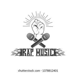 Rap music logo. Concept of vector musical emblem. Hand and microphone. Design element for rap fest, performance, battle, school, studio. Musical symbol.