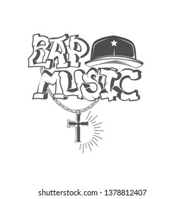 Rap music logo. Concept of vector musical emblem.Graffiti text and Snapback. Design element for rap fest, performance, battle, school, studio. Musical symbol.