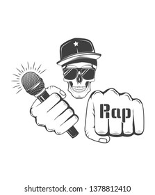 Rap music logo. Concept of vector musical emblem. Skull in snapback. Design element for rap fest, performance, battle, school, studio. Musical symbol.